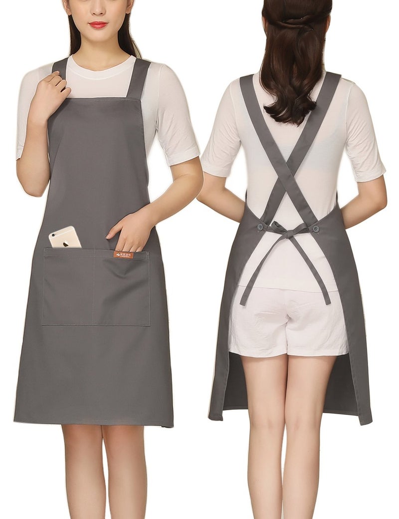 NEWGEM Adjustable Kitchen Apron with 2 Pockets Cotton for Women,Chef,Waitress,Hairstylist Fits for Grill,bbq,Paint Cross Back Grey - Image 1